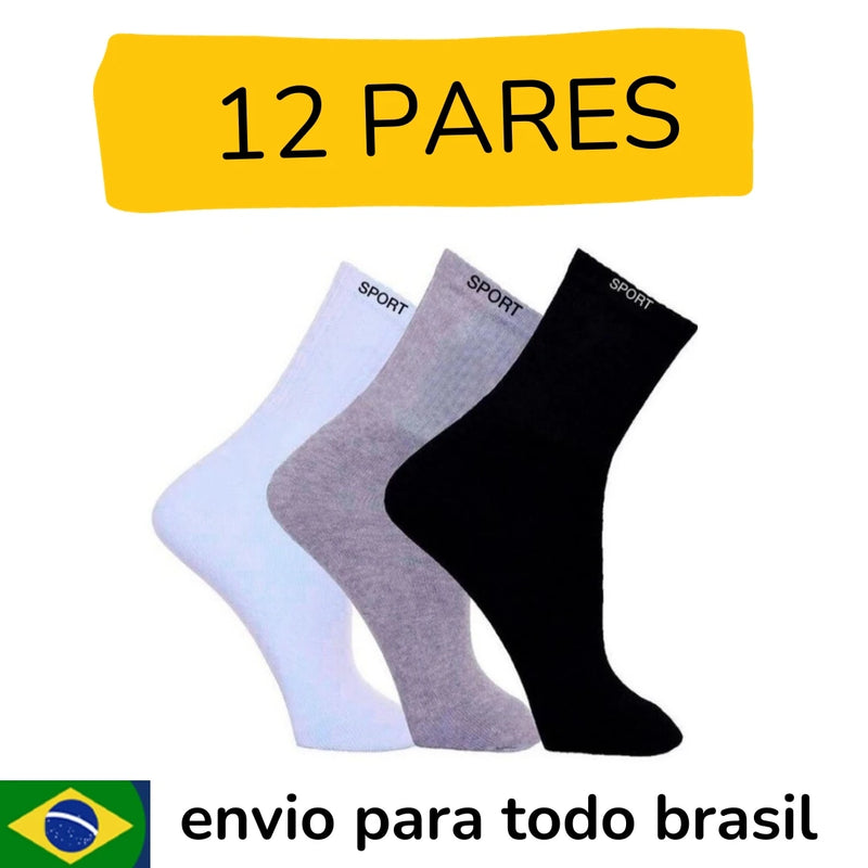 12 Pares De Meias Altas De Algodão Masculinas