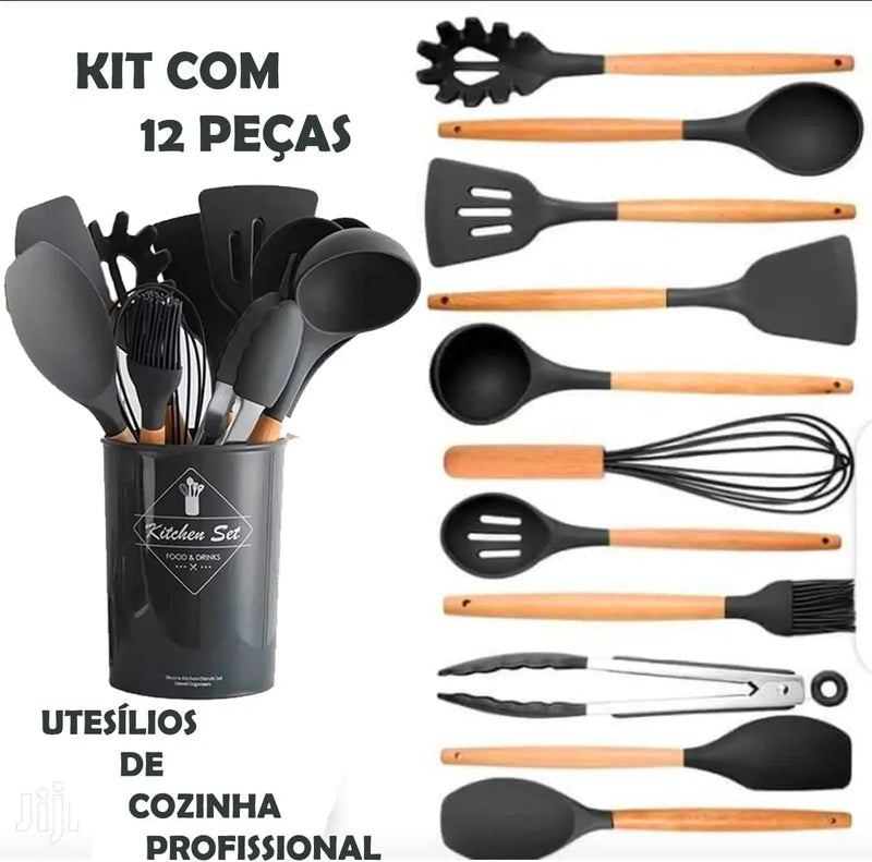 Jogo Kit C/12 Peças Utensílios De Cozinha Silicone Cabo Madeira