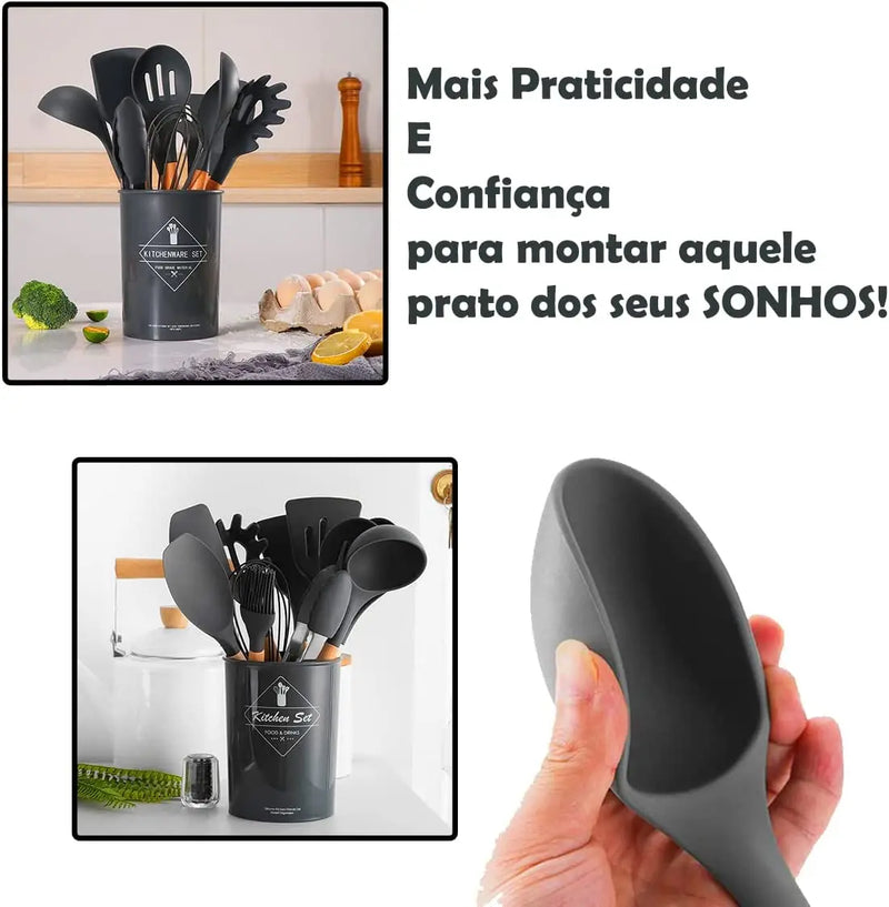 Jogo Kit C/12 Peças Utensílios De Cozinha Silicone Cabo Madeira