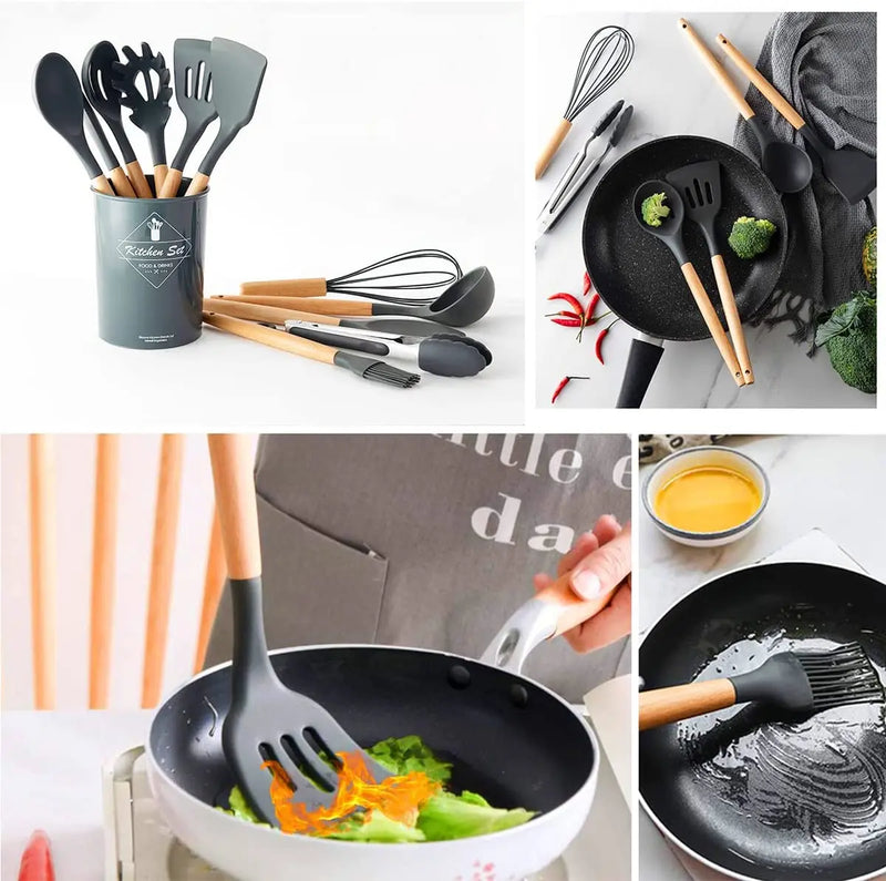 Jogo Kit C/12 Peças Utensílios De Cozinha Silicone Cabo Madeira