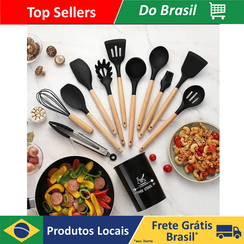 Jogo Kit C/12 Peças Utensílios De Cozinha Silicone Cabo Madeira