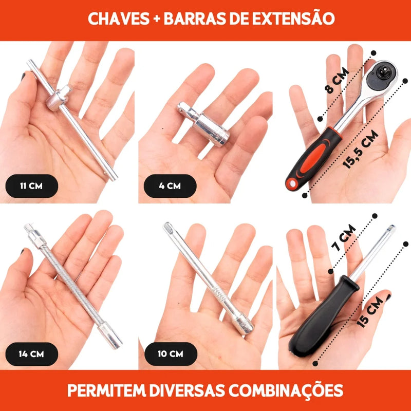 Jogo De Soquete 46 Peças 1/4'' Aço Crv Com Catraca Completo