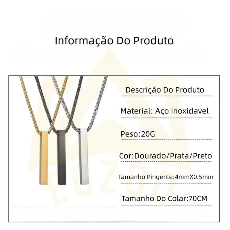 Colar Corrente Masculino Com Pingente Retângulo Aço Inox