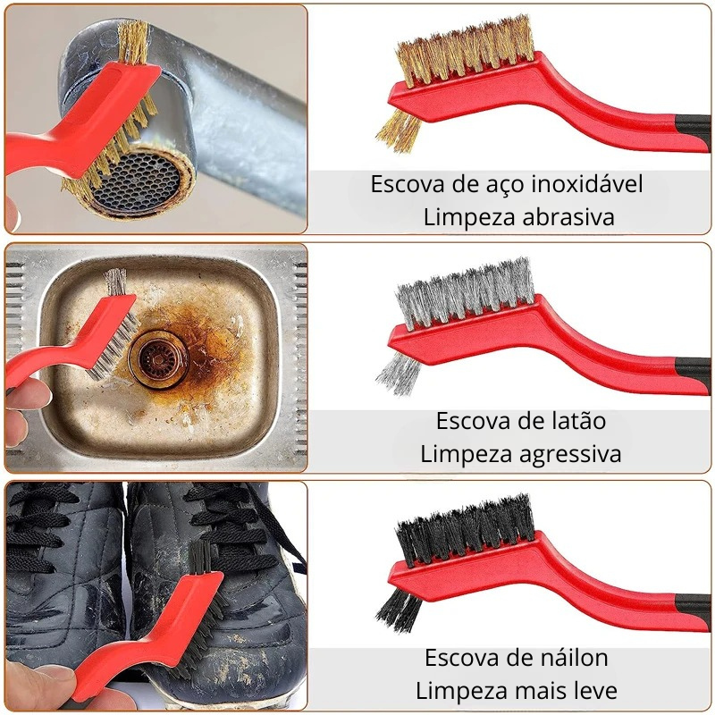 Kit 3 Escovas Limpeza Pesada Com Cerdas De Aço Inoxidável/Latão/Náilon