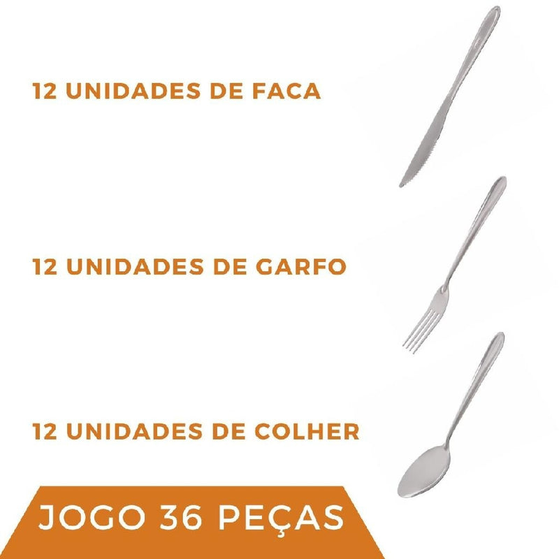 Faqueiro 36 Peças Garfo Faca Colher de Sopa Aço Inox Jantar Mesa