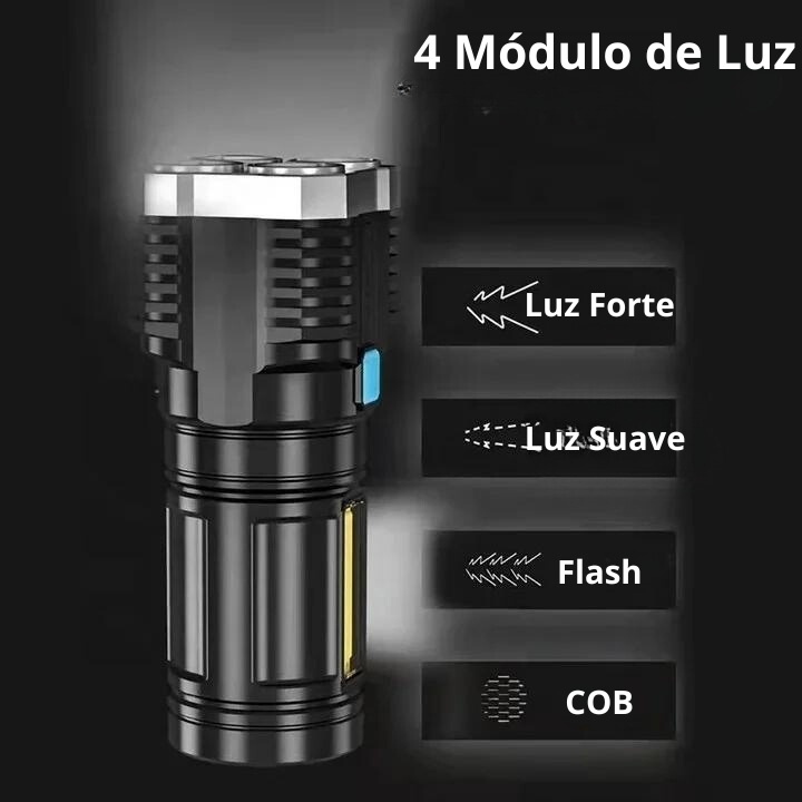 Lanterna Alta Potência Alcance 4led +COB Usb Recarregável