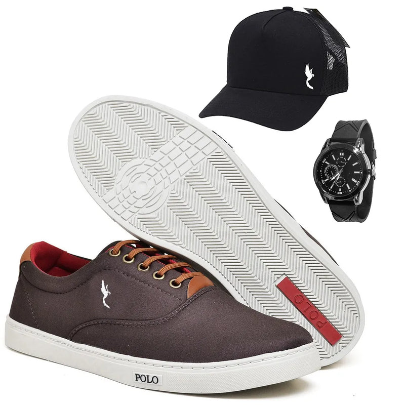 Kit Tênis Casual+Relógio+Boné Preto